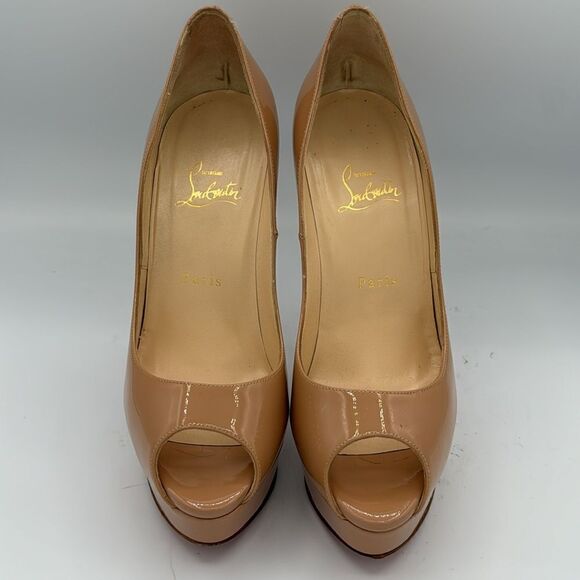 Christian Louboutin Beige Patent Leather Lady Peep Toe Platform Pumps Size 40.5 - Picture 3 of 14